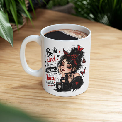Be Kind to Your Mind Mug | Woman with Butterflies Ceramic Coffee Cup