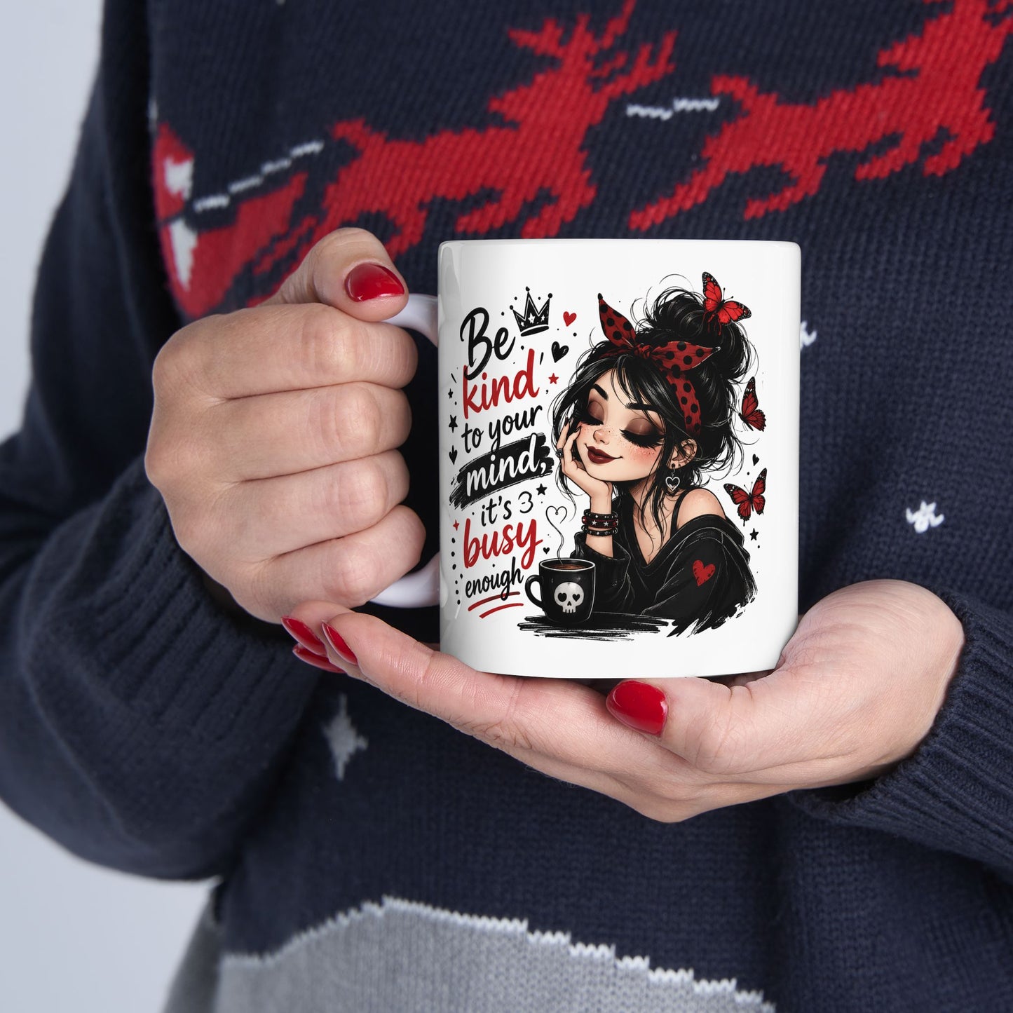 Be Kind to Your Mind Mug | Woman with Butterflies Ceramic Coffee Cup