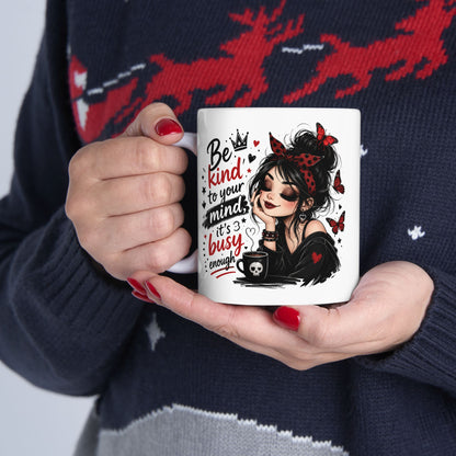 Be Kind to Your Mind Mug | Woman with Butterflies Ceramic Coffee Cup