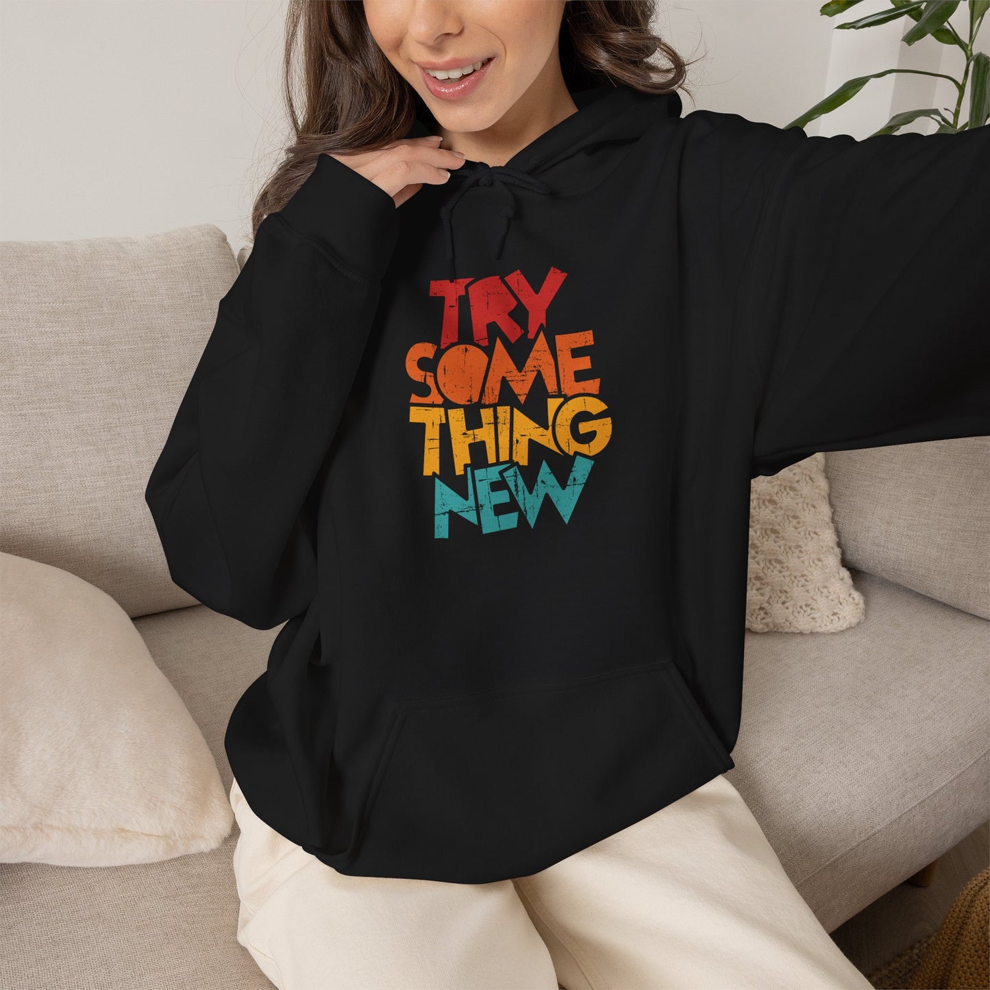 Try Something New Hoodie | Retro Color Block Text Graphic