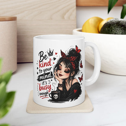 Be Kind to Your Mind Mug | Woman with Butterflies Ceramic Coffee Cup