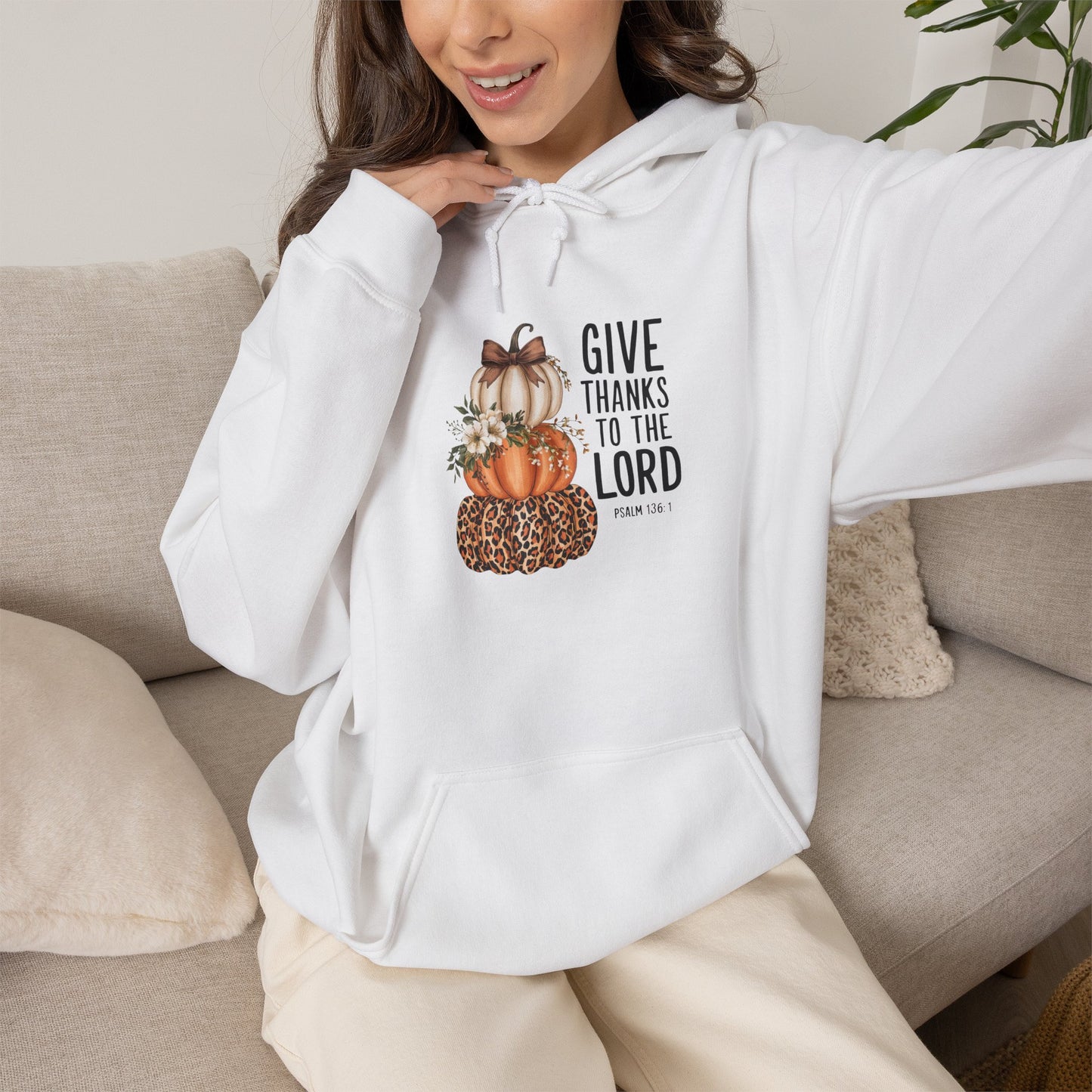 Give Thanks to the Lord Pumpkin Stack Hoodie | Faith Thanksgiving Sweatshirt