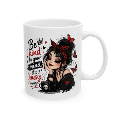 Be Kind to Your Mind Mug | Woman with Butterflies Ceramic Coffee Cup