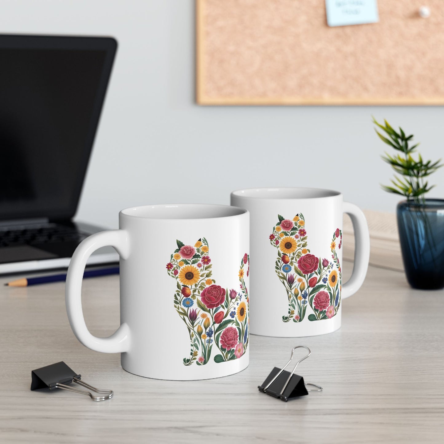 Floral Cat Illustration Mug | Ceramic Coffee Cup