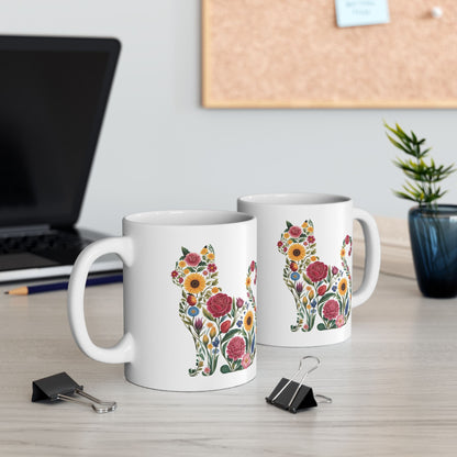 Floral Cat Illustration Mug | Ceramic Coffee Cup