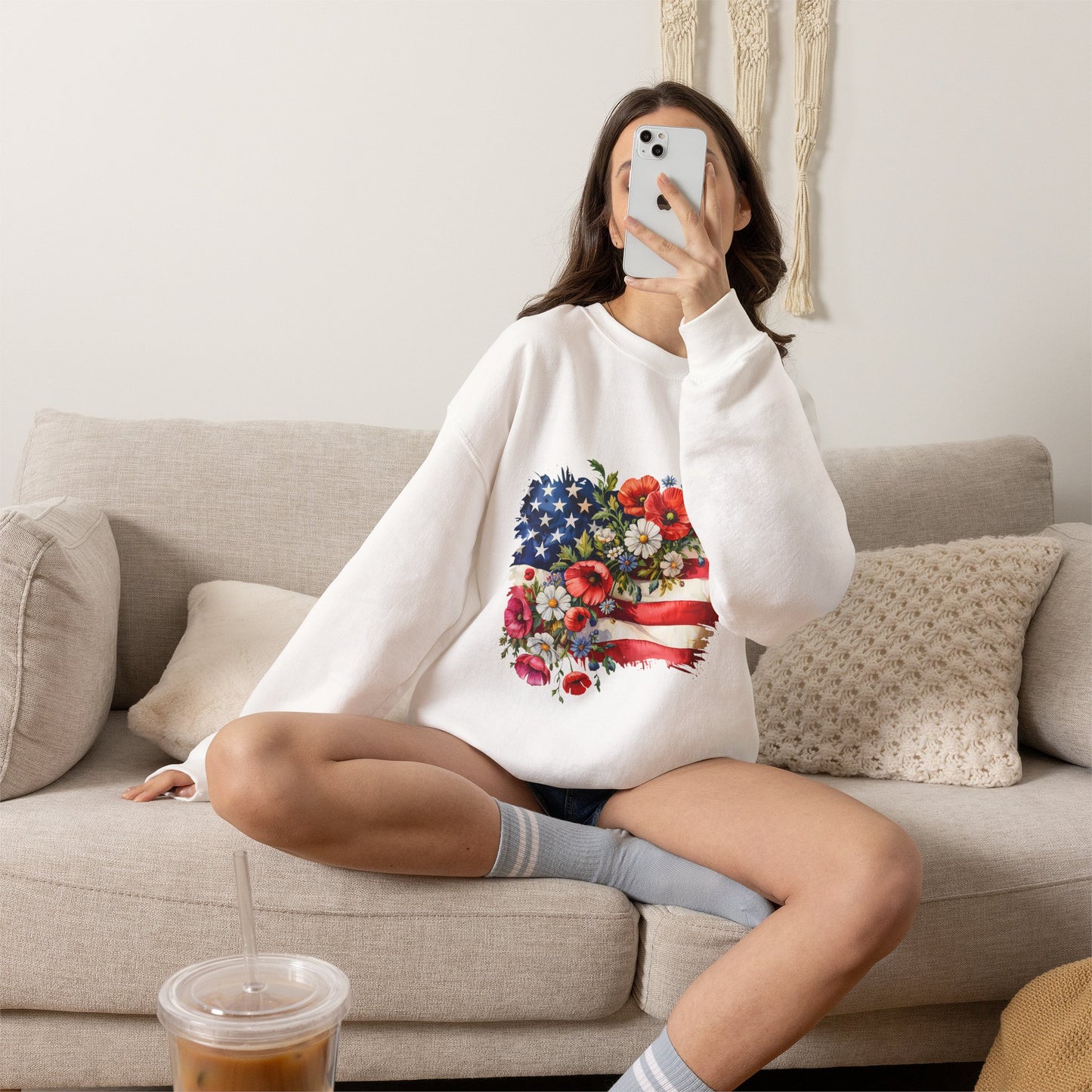 Floral American Flag sweatshirt | Stars and Stripes Flag with Watercolor Flowers sweatshirt