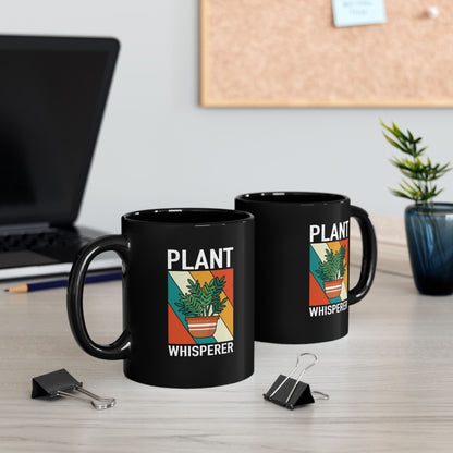 Plant Whisperer Mug | Black Ceramic Coffee Cup, Retro Potted Plant Design