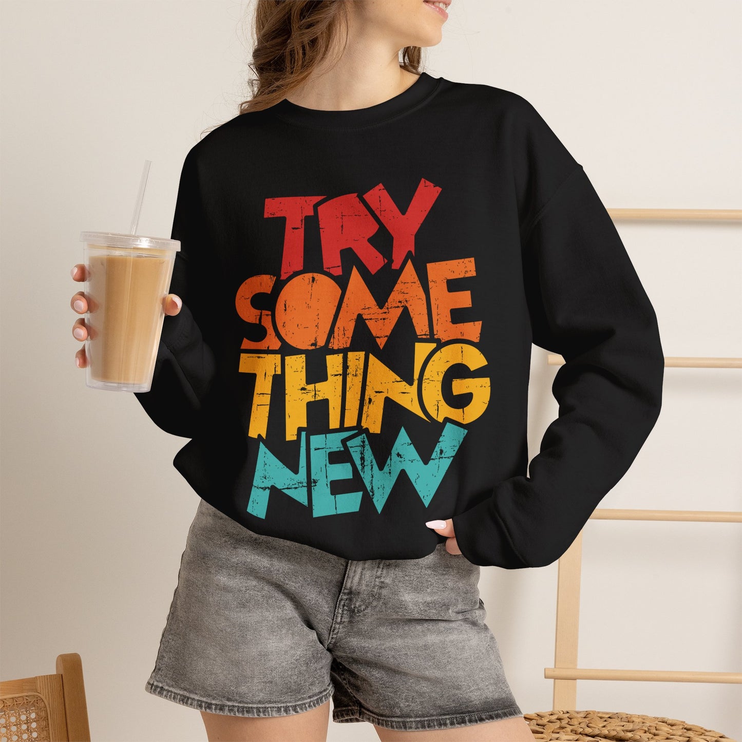 Try Something New Crewneck | Retro Color Block Motivational Sweater
