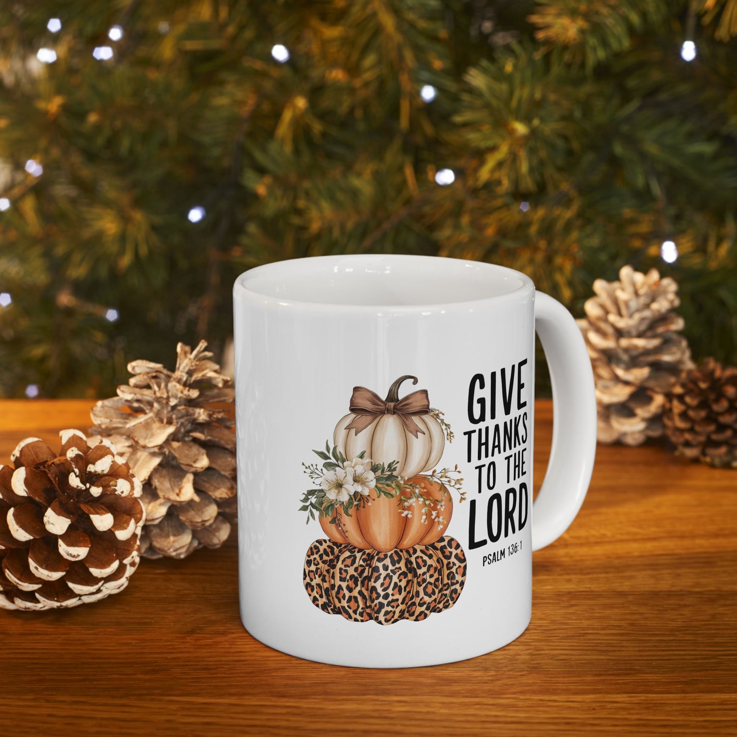 Give Thanks to the Lord Scripture Pumpkin Stack Mug | Fall Christian Coffee Cup