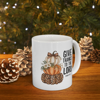 Give Thanks to the Lord Scripture Pumpkin Stack Mug | Fall Christian Coffee Cup