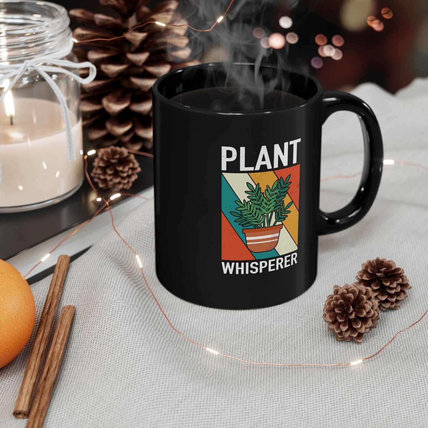 Plant Whisperer Mug | Black Ceramic Coffee Cup, Retro Potted Plant Design