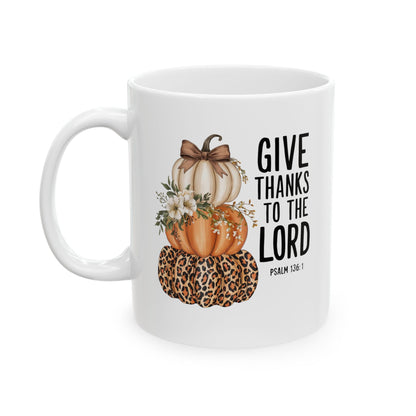 Give Thanks to the Lord Scripture Pumpkin Stack Mug | Fall Christian Coffee Cup