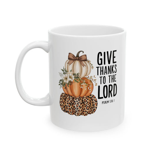 Give Thanks to the Lord Scripture Pumpkin Stack Mug | Fall Christian Coffee Cup