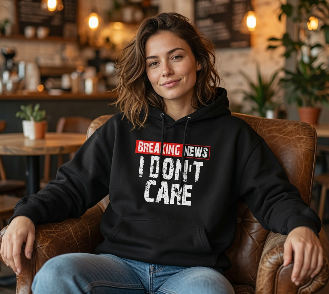 Breaking News I Don't Care Hoodie | Graphic Text Pullover