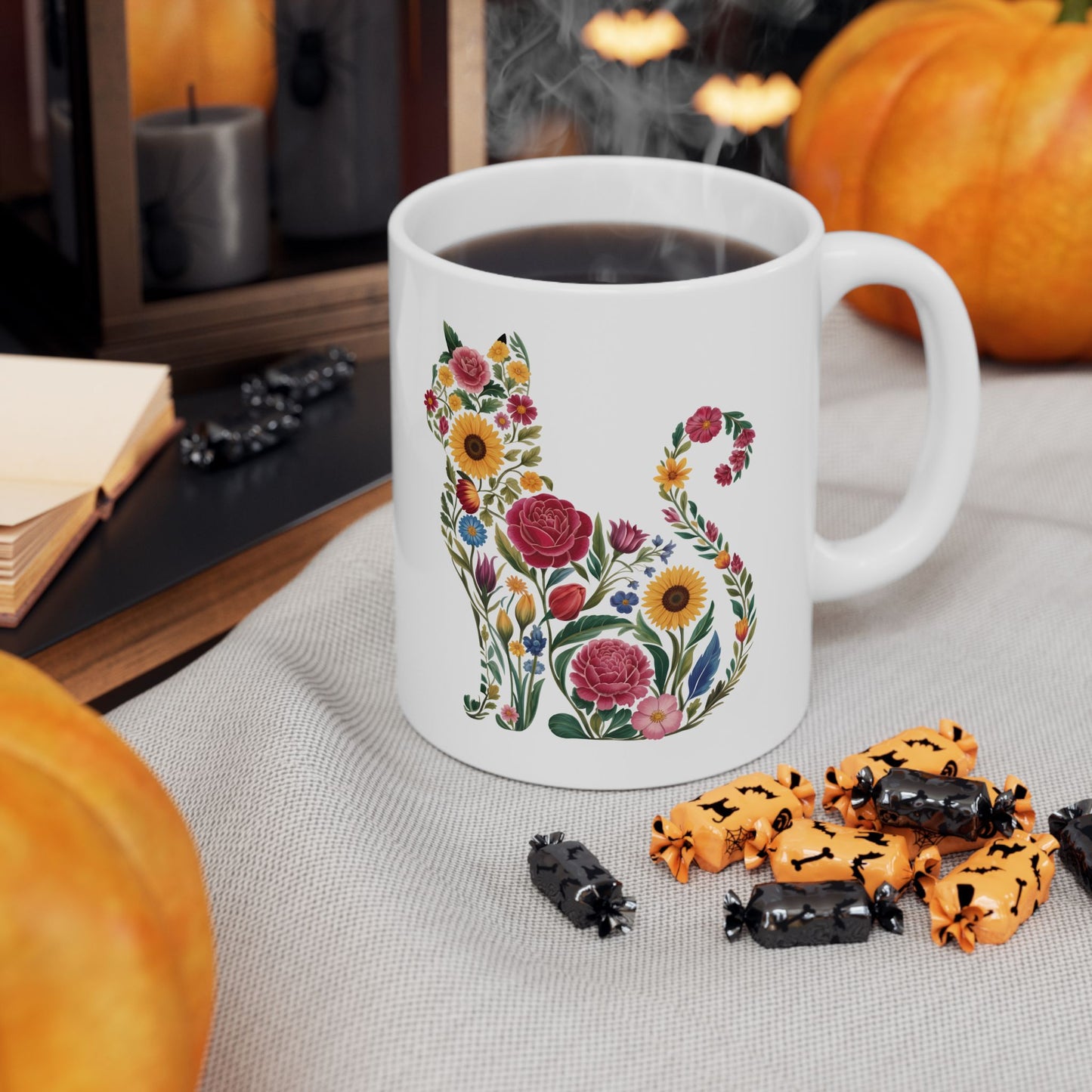 Floral Cat Illustration Mug | Ceramic Coffee Cup