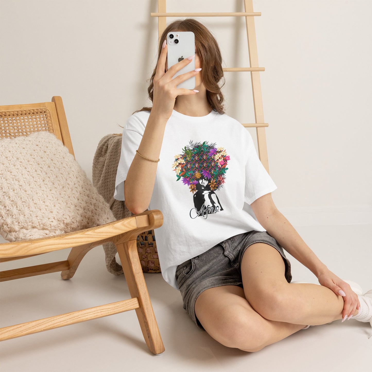T-Shirt — Floral Afro Art Tee with 'Aloha' Script