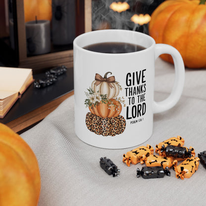Give Thanks to the Lord Scripture Pumpkin Stack Mug | Fall Christian Coffee Cup