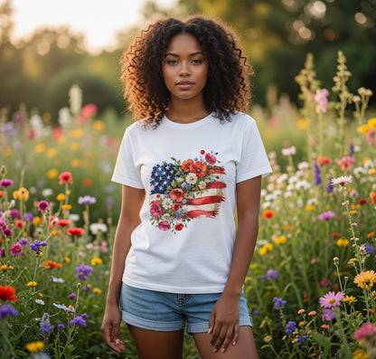 Floral American Flag Tee | Patriotic Flowers, USA Flag Shirt