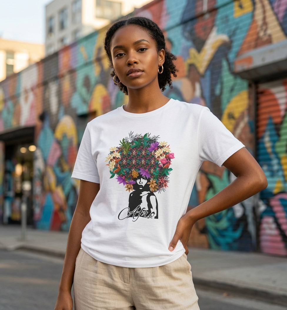 T-Shirt — Floral Afro Art Tee with 'Aloha' Script