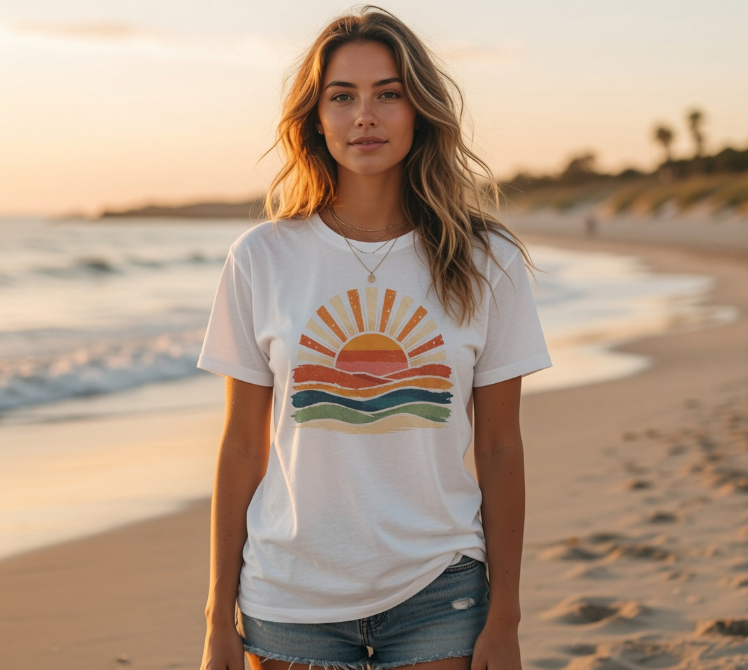 Vintage Sunset Waves T-Shirt | Retro Sunrise Graphic Tee