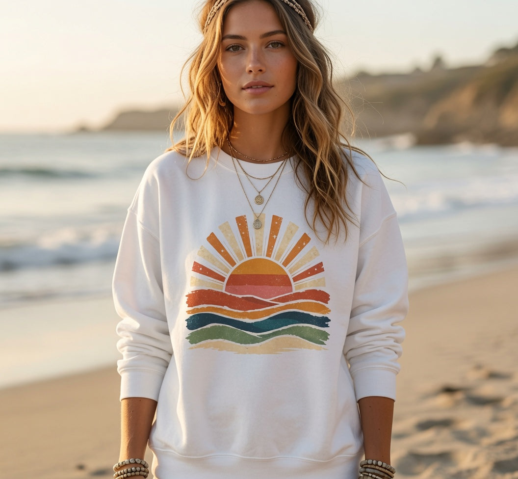 Retro Sunset Waves Sweatshirt | Boho Sun Graphic