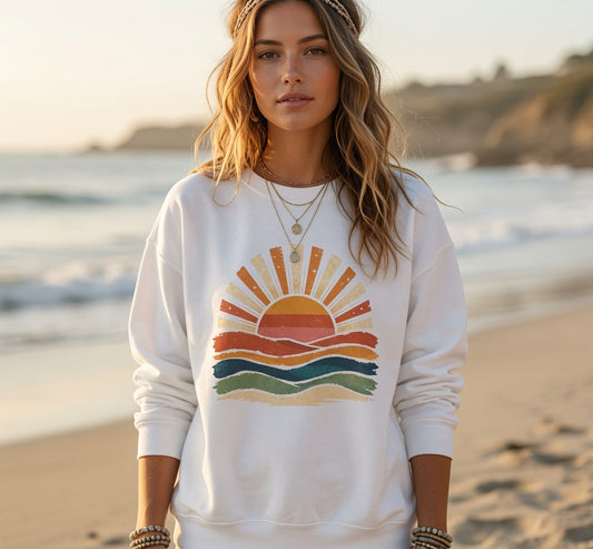 Retro Sunset Waves Sweatshirt | Boho Sun Graphic