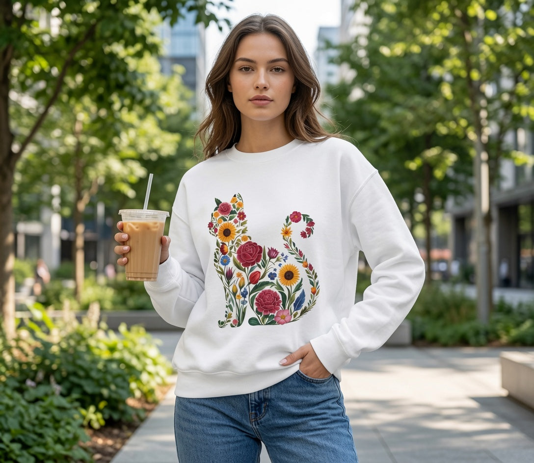 Floral Cat Silhouette Crewneck Sweatshirt | Botanical Kitty Design