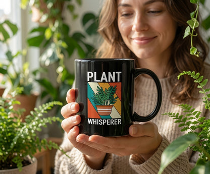 Plant Whisperer Mug | Black Ceramic Coffee Cup, Retro Potted Plant Design