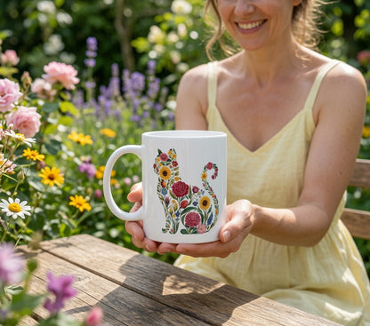 Floral Cat Illustration Mug | Ceramic Coffee Cup