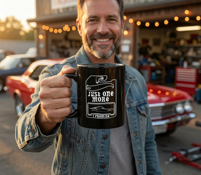 Just One More Mug | Black Ceramic Coffee Mug, Retro Camper Design