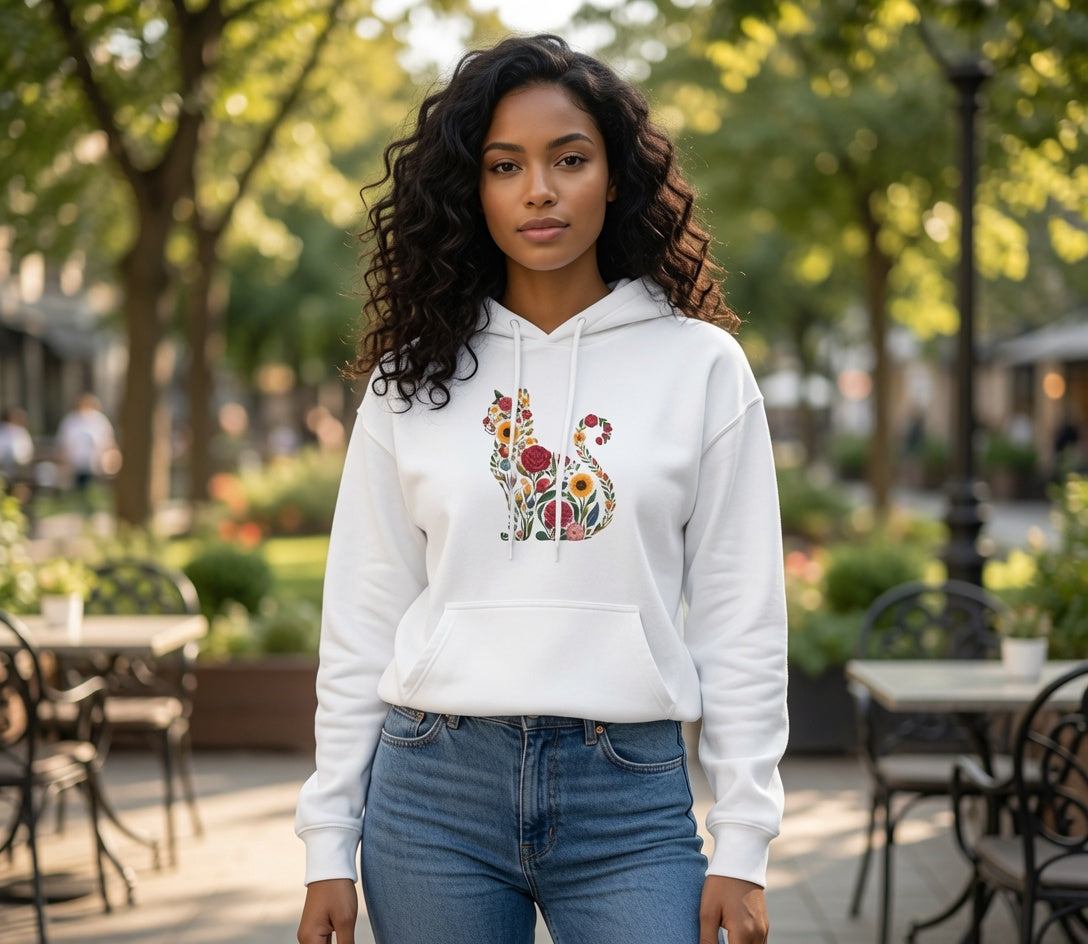 Floral Cat Silhouette Hoodie | Botanical Kitty Sweatshirt