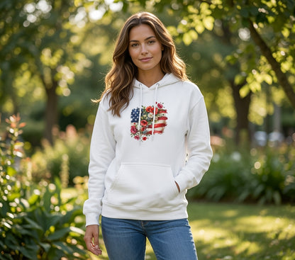 Floral American Flag Hoodie | Patriotic Flower Heart Sweatshirt