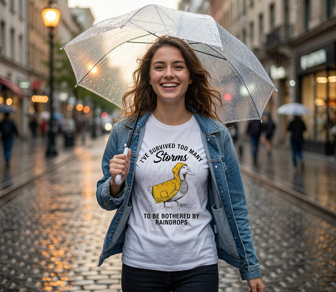 Survived Too Many Storms Duck Tee | Humorous Raincoat Duck Illustration