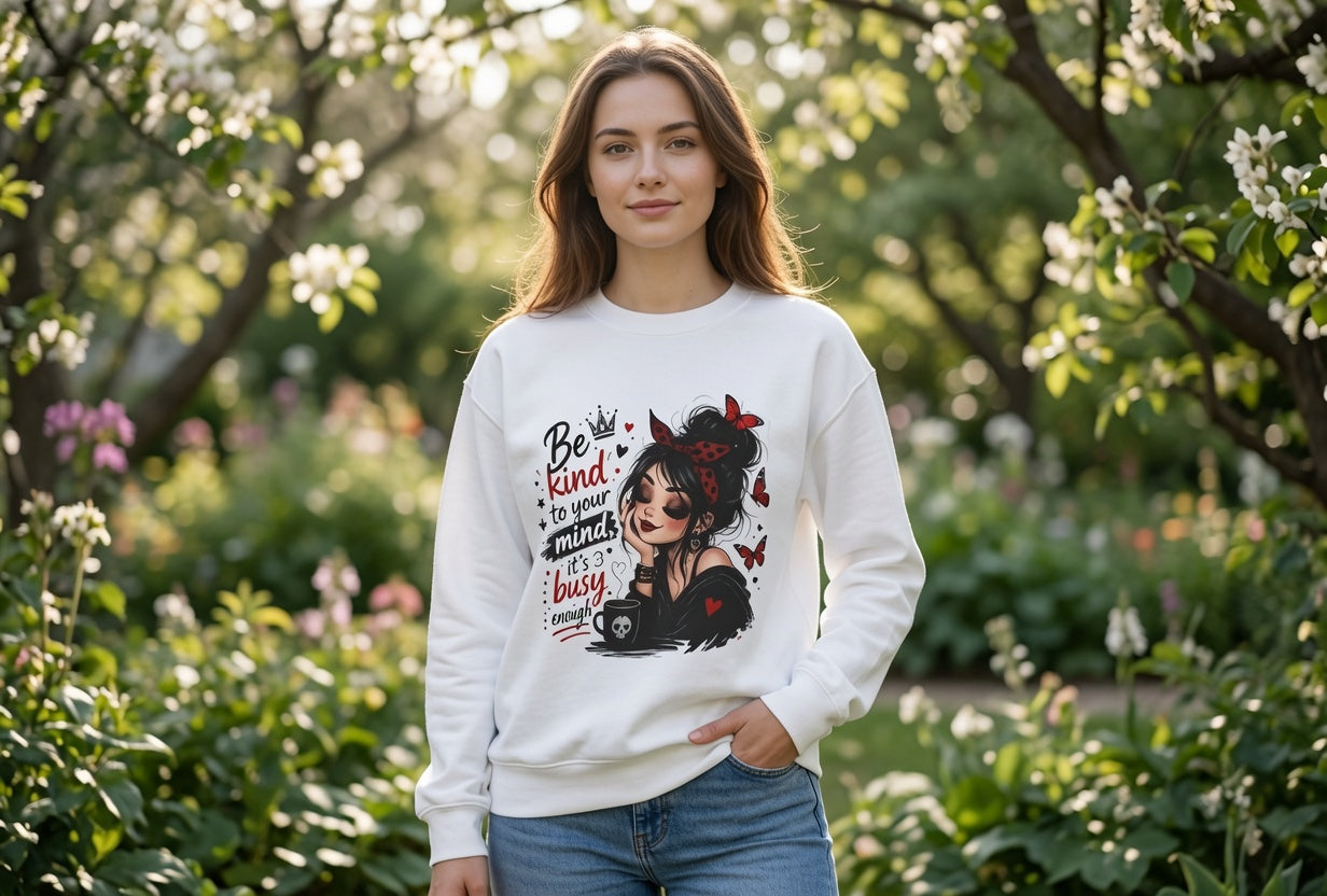 Be Kind to Your Mind illustration Sweatshirt | Girl with Coffee & Butterflies