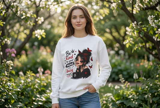 Be Kind to Your Mind illustration Sweatshirt | Girl with Coffee & Butterflies