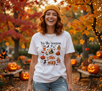 Tis the Season Halloween Icons Tee | Pumpkin, Candy, Witch Hat, Gingerbread