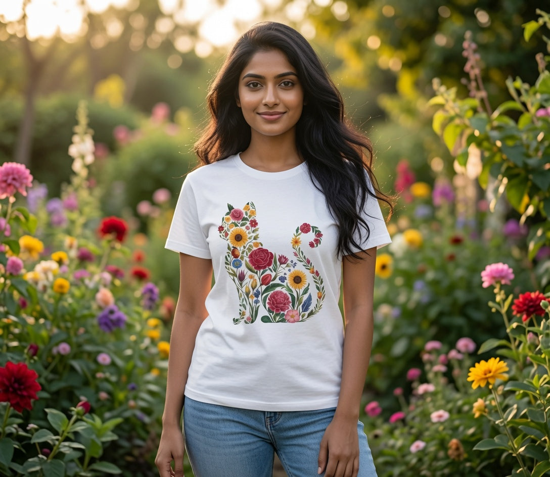 Floral Cat Tee — Botanical Floral Cat Silhouette T-Shirt
