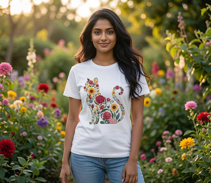 Floral Cat Tee — Botanical Floral Cat Silhouette T-Shirt