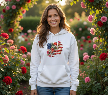 Floral American Flag Hoodie | Patriotic Flower Heart Sweatshirt
