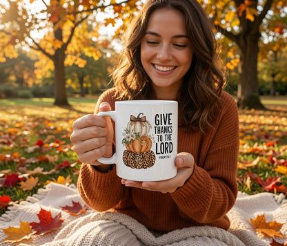 Give Thanks to the Lord Scripture Pumpkin Stack Mug | Fall Christian Coffee Cup