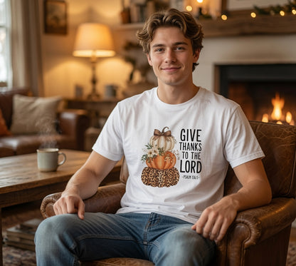 Give Thanks to the Lord Pumpkin Stack T-Shirt | Fall Thanksgiving Religious Tee