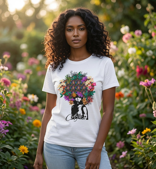 T-Shirt — Floral Afro Art Tee with 'Aloha' Script