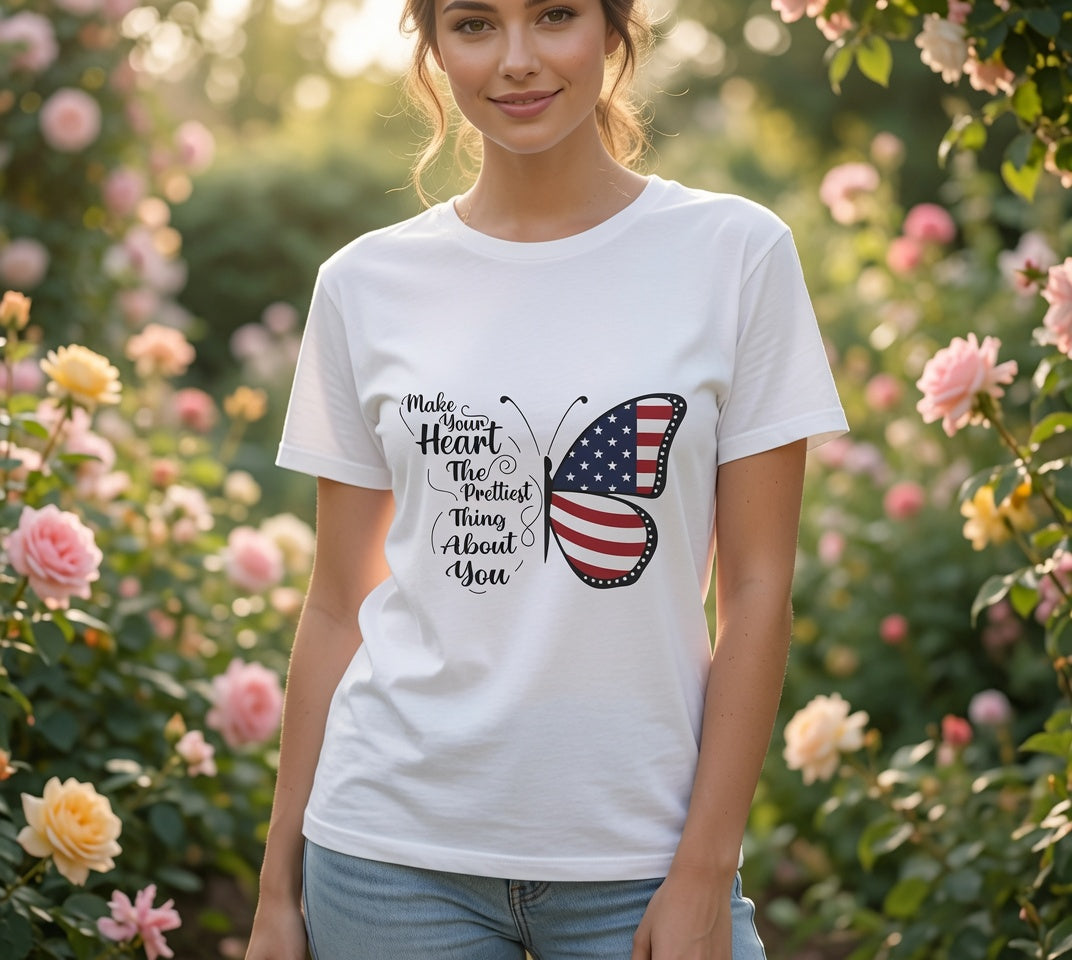 American Flag Butterfly Tee | Patriotic Butterfly Heart Design