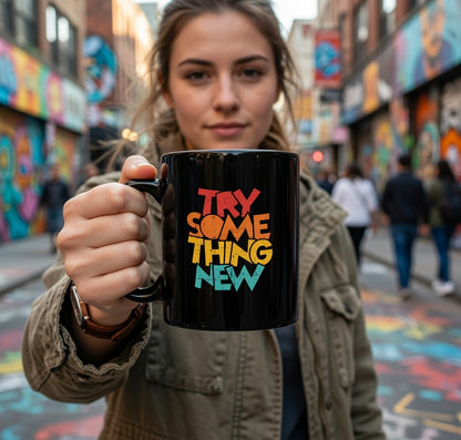 Try Something New Mug | Retro Color Block Typography on Black