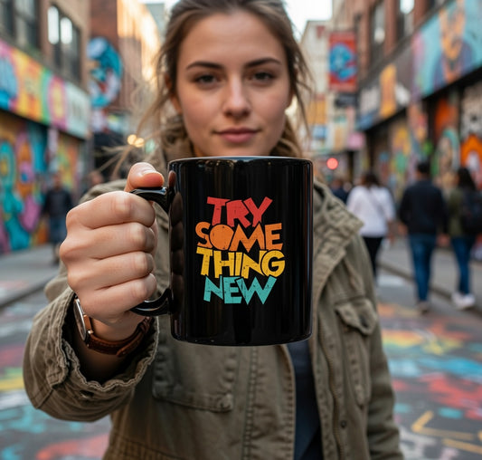 Try Something New Mug | Retro Color Block Typography on Black