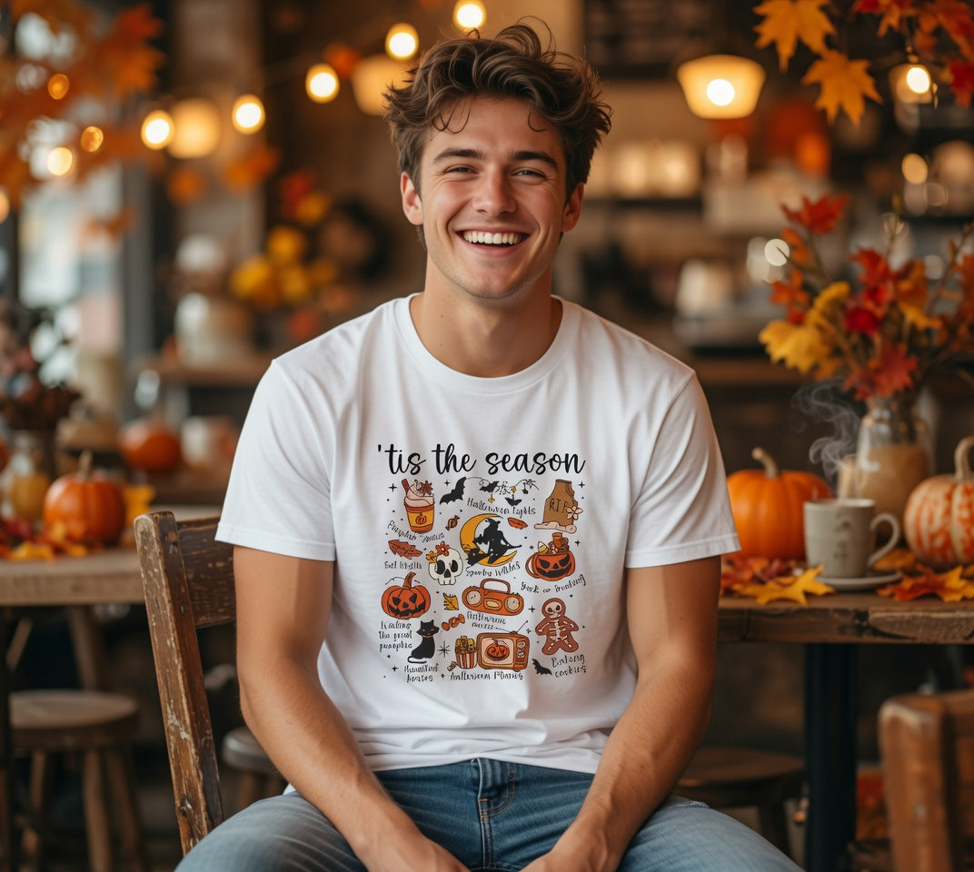 Tis the Season Halloween Icons Tee | Pumpkin, Candy, Witch Hat, Gingerbread