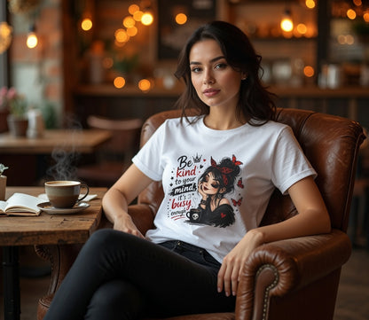 T-Shirt — Be Kind To Your Mind Graphic Tee (Goth Girl, Butterflies & Coffee)