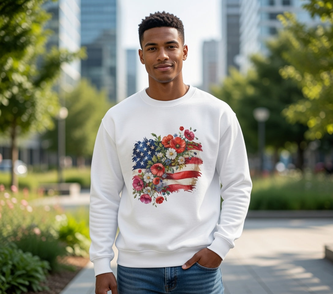Floral American Flag sweatshirt | Stars and Stripes Flag with Watercolor Flowers sweatshirt