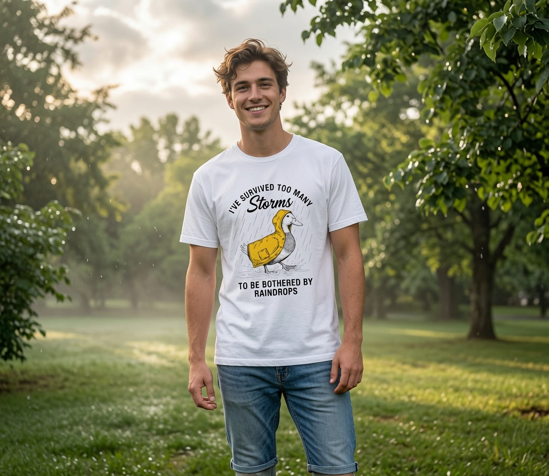 Survived Too Many Storms Duck Tee | Humorous Raincoat Duck Illustration