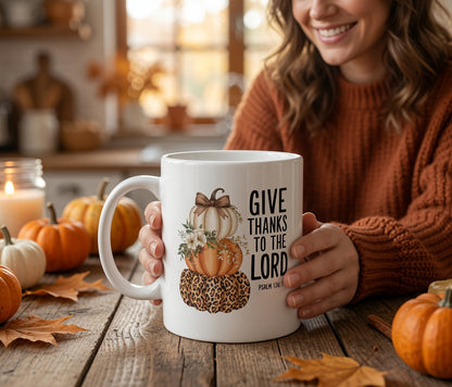 Give Thanks to the Lord Scripture Pumpkin Stack Mug | Fall Christian Coffee Cup